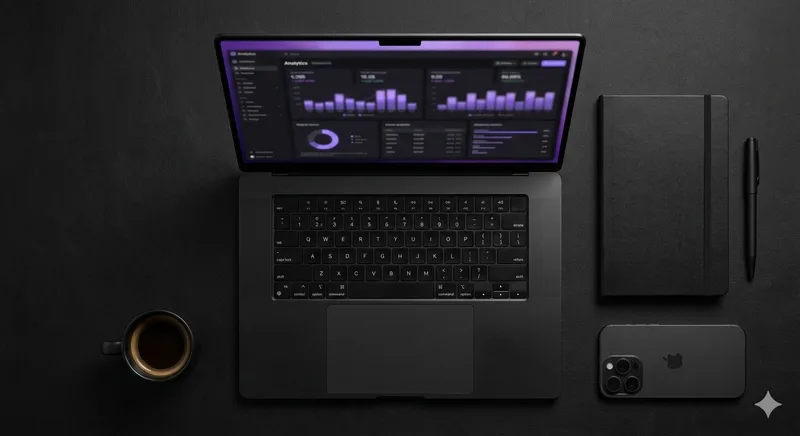 Workspace visual with a laptop and analytics dashboard